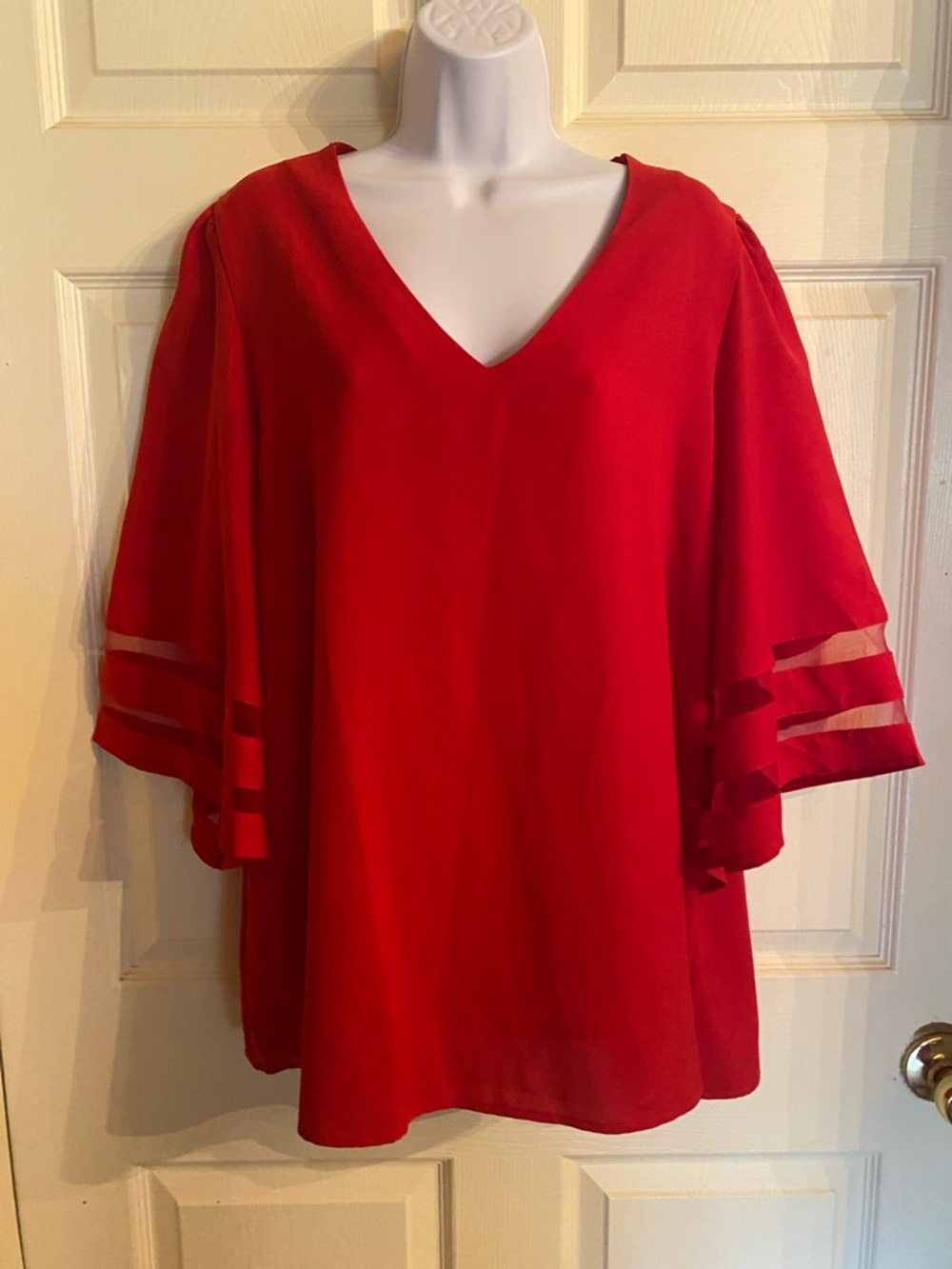 Red V-Neck Flutter Sleeve Women's Top